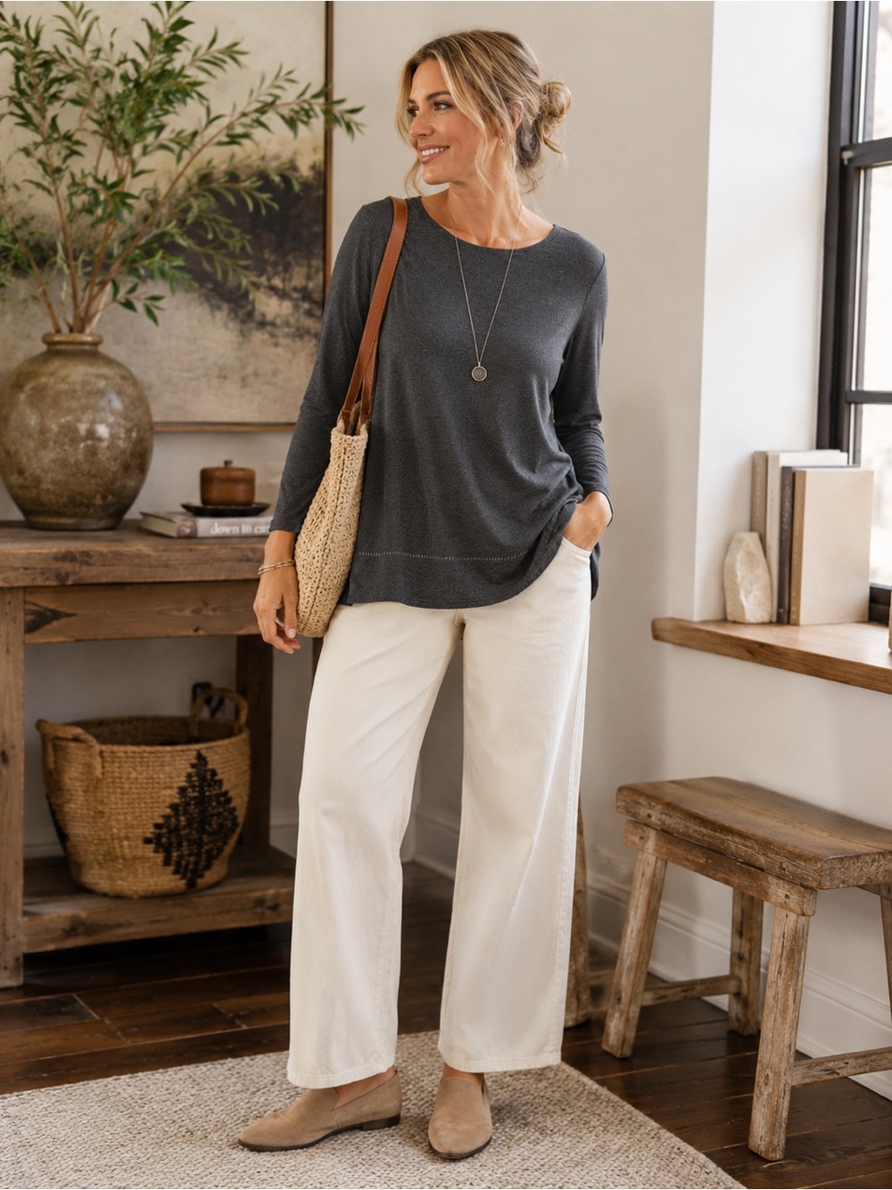 J.Jill Charcoal Gray Long Sleeve Relaxed Top M Soft Rayon Blend